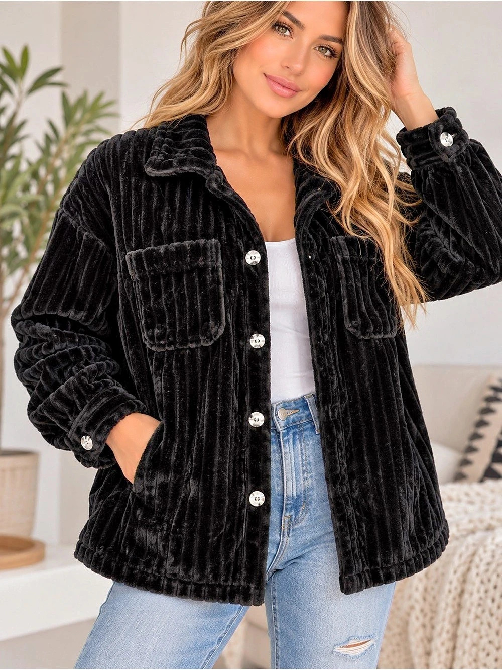 NWT Softies Black Embossed Plush Shacket Jacket Size Large